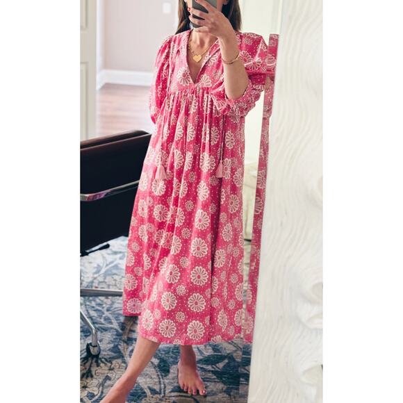 MILLE Resort Saffron Pink Daisy Print Cotton Puff Sleeve Midi Dress Tuckernuck - Picture 1 of 12